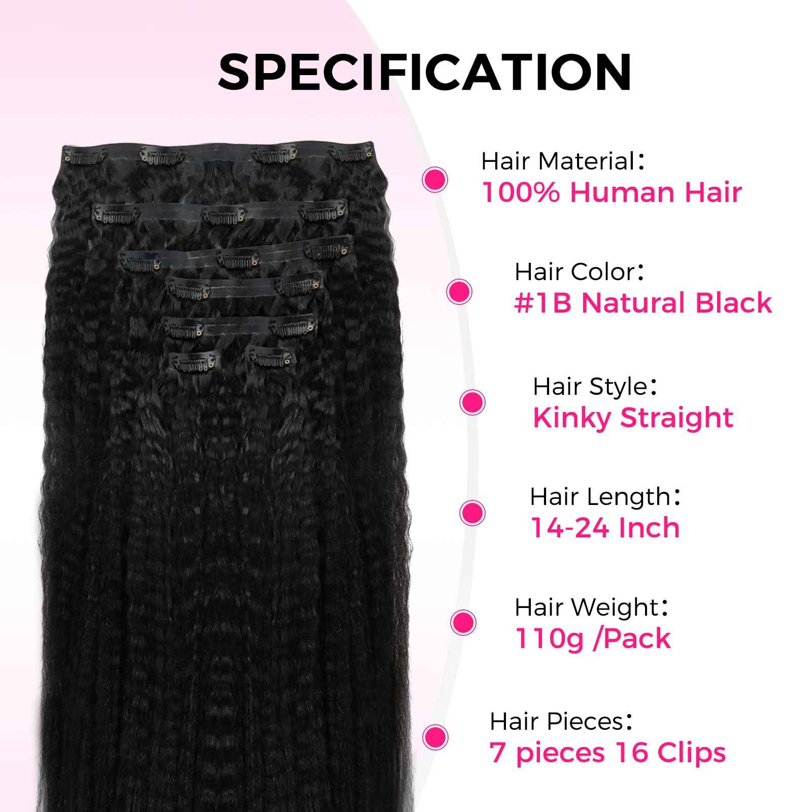 Lashey Invisi Edge Clip in Hair Extensions, 7pcs 110g 16 Inch Natural Black Seamless Clip in Hair Extensions Human Hair Kinky Straight Real Remy Human Hair