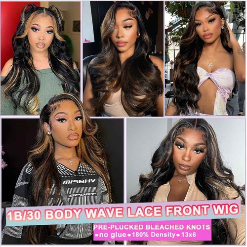miear Ombre Highlight Lace Front Wigs Human Hair 13x6 Body Wave 1B/30 Lace Front Wig 180% Density HD Transparent Lace Frontal Wigs Human Hair Balayage Wig for Black Women 20 inch