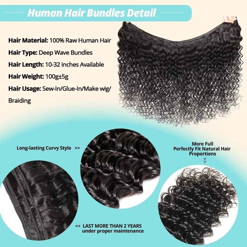 12A Human Hair Bundles 30 Inch Deep Wave Bundles Human Hair 100% Unprocessed Brazilian Virgin Deep Curly Weave 1 Bundle Water Wavy Hair Extensions Real Human Hair 1B Bundle for Women