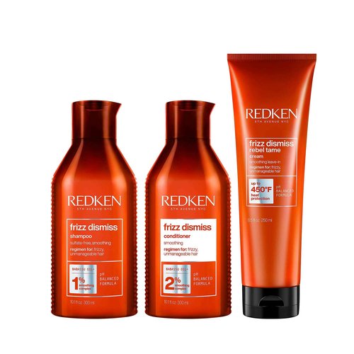 Redken Frizz Dismiss Shampoo, Conditioner and Rebel Tame Treatment Set For Frizzy Hair - Smooths Hair and Manages Frizz