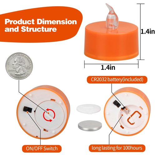 KOABY 12 Pack Warm Yellow Light Non-Flickering Flameless Tea Lights, Orange Base, Last 100H+, Battery Operated Tea Lights for Decor