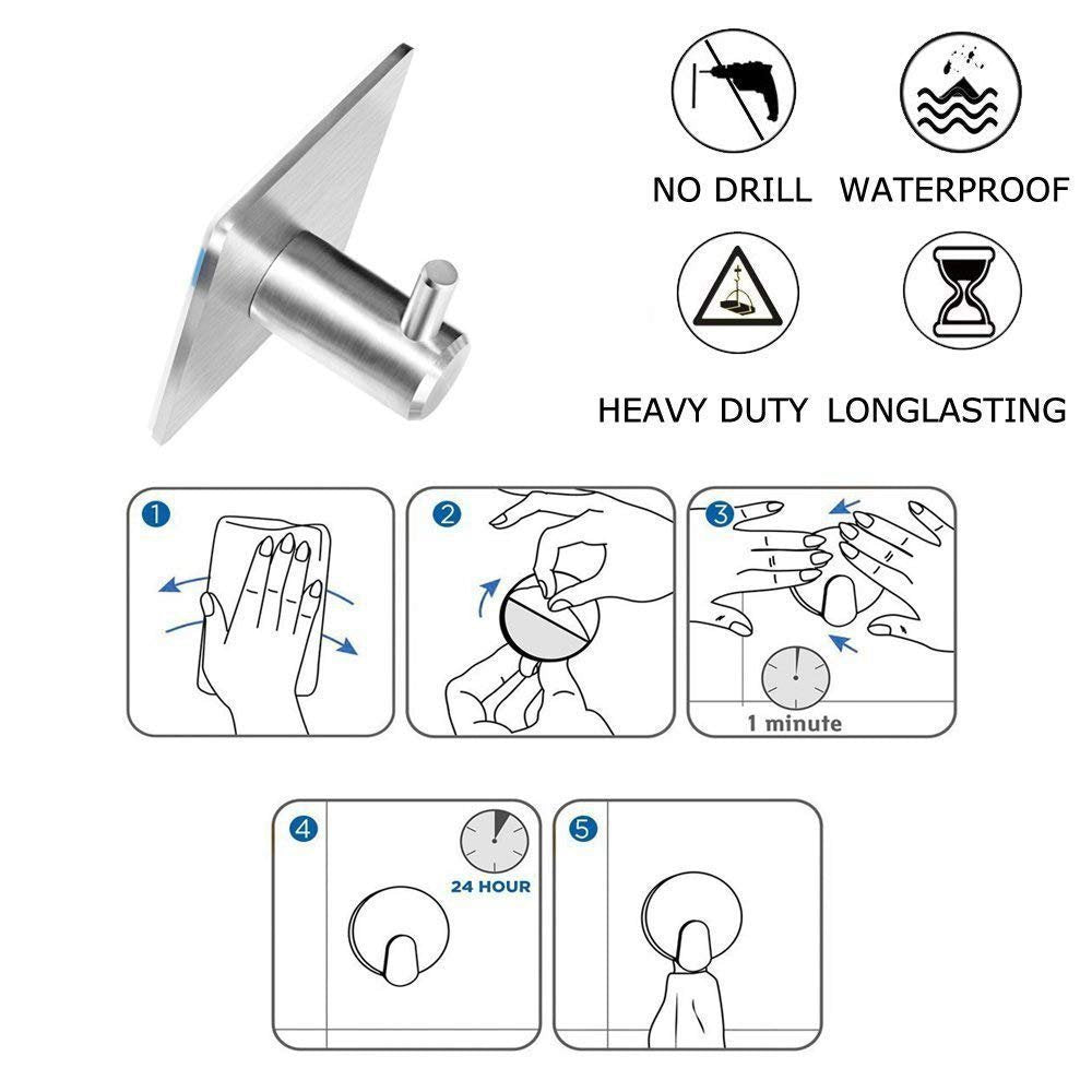 Self-Adhesive Stainless Steel Hook Pack of 5 for Bathroom Towel and Hat Storage