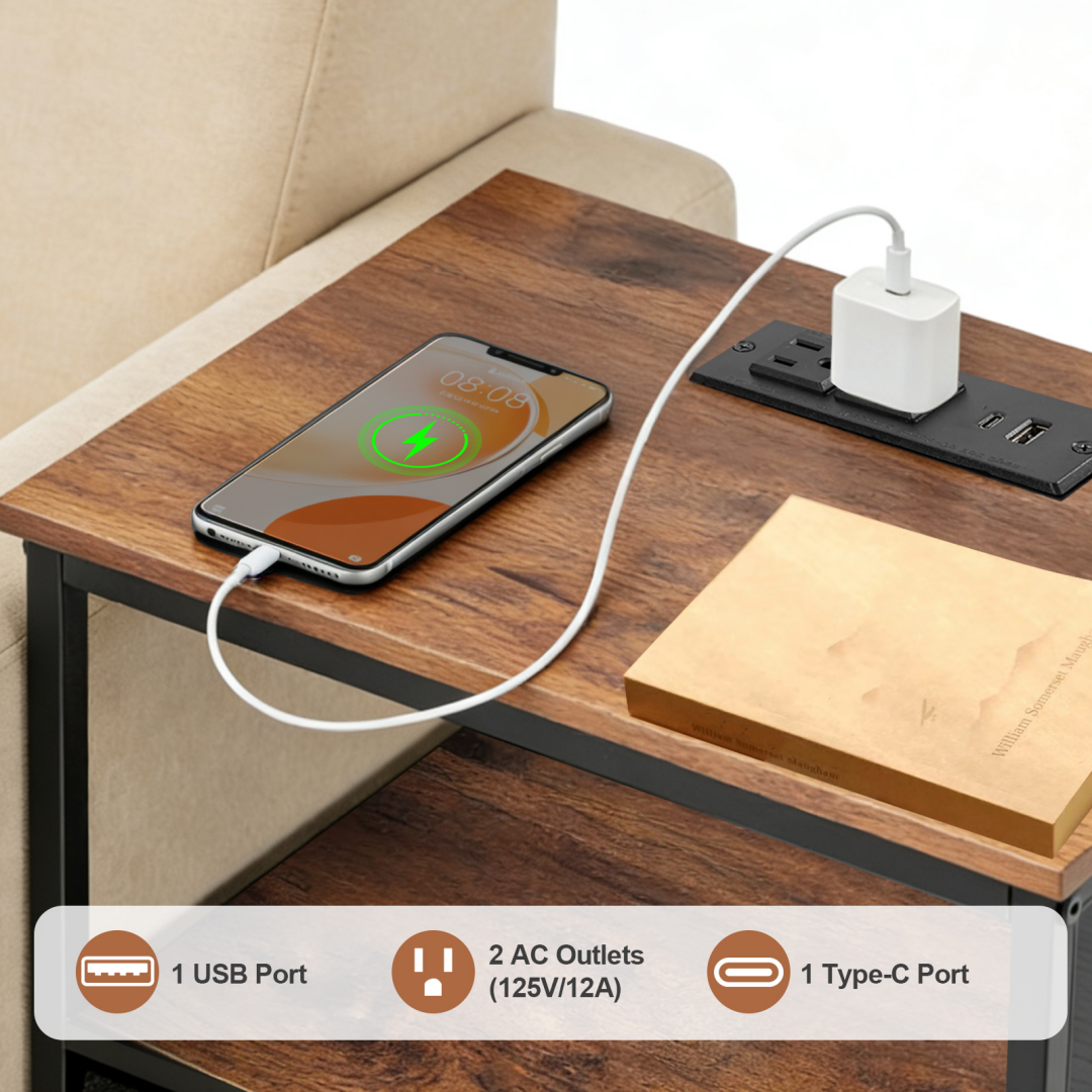 Bedside Table with USB-C Port and Adjustable Drawers - Brown