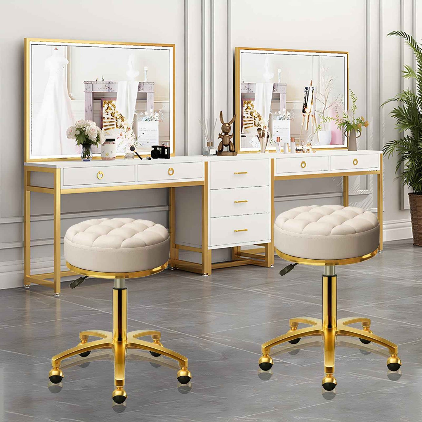 HZLCMPY Rolling Stool Gold Vanity Stool with Wheels, Pedicure Massage Roller Stools, PU Leather Round Swivel Salon Spa Chair, Titanium Gold Base, Height Adjustable 43-55 cm (Off White)