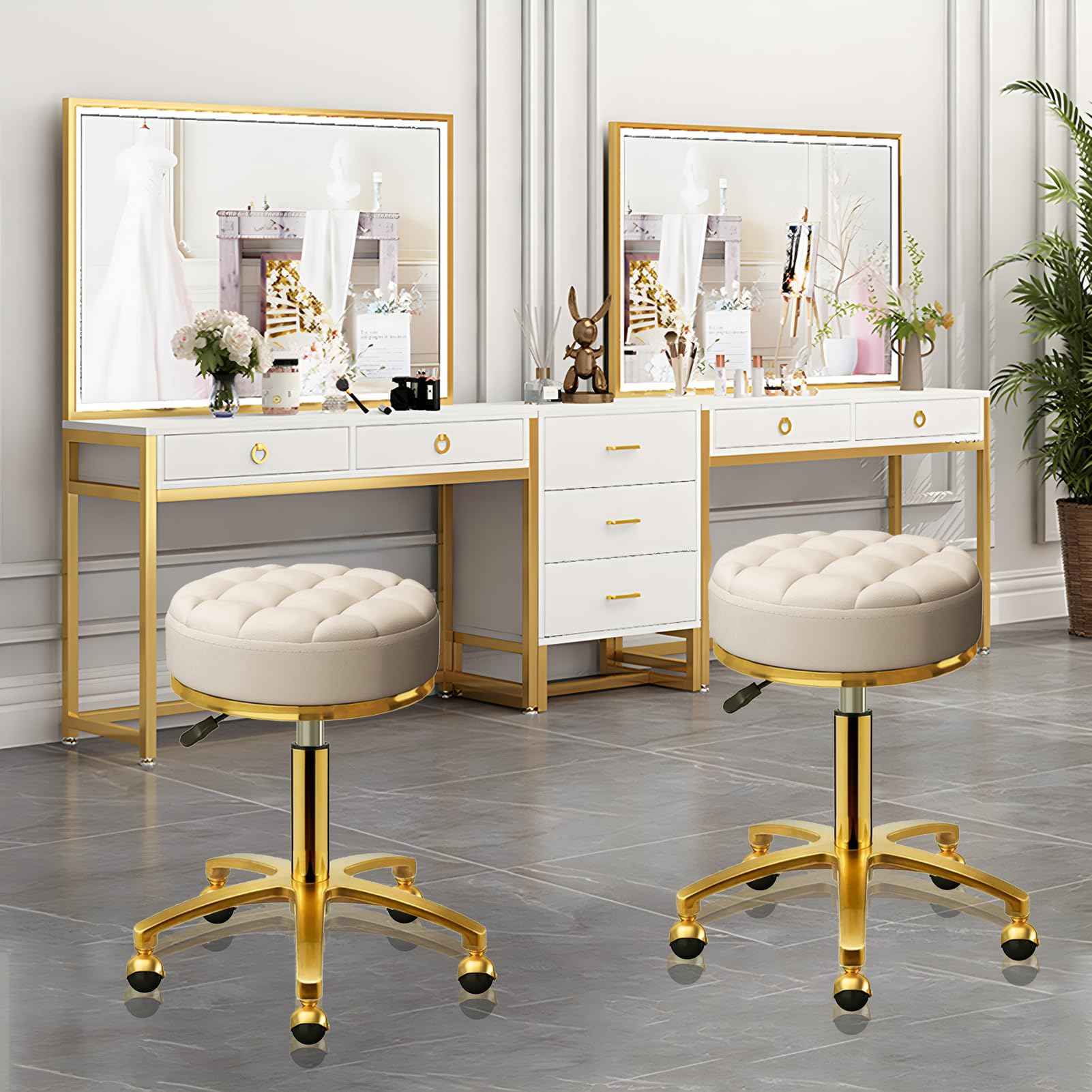 HZLCMPY Rolling Stool Gold Vanity Stool with Wheels, Pedicure Massage Roller Stools, PU Leather Round Swivel Salon Spa Chair, Titanium Gold Base, Height Adjustable 43-55 cm (Off White)