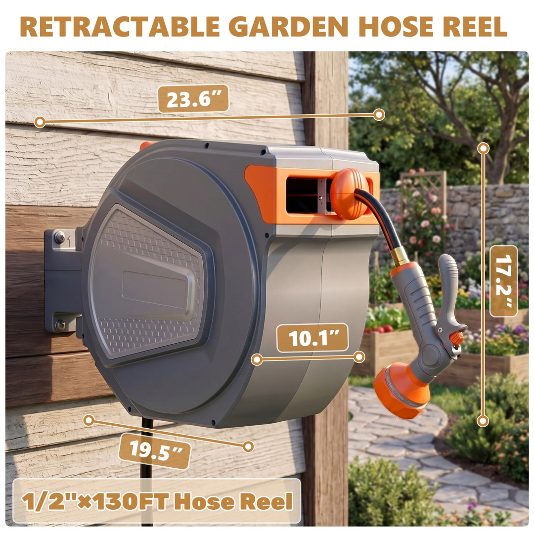 Auto Rewind Retractable Garden Hose Reel Wall Mount with 180° Swivel & Multi-Pattern Nozzle