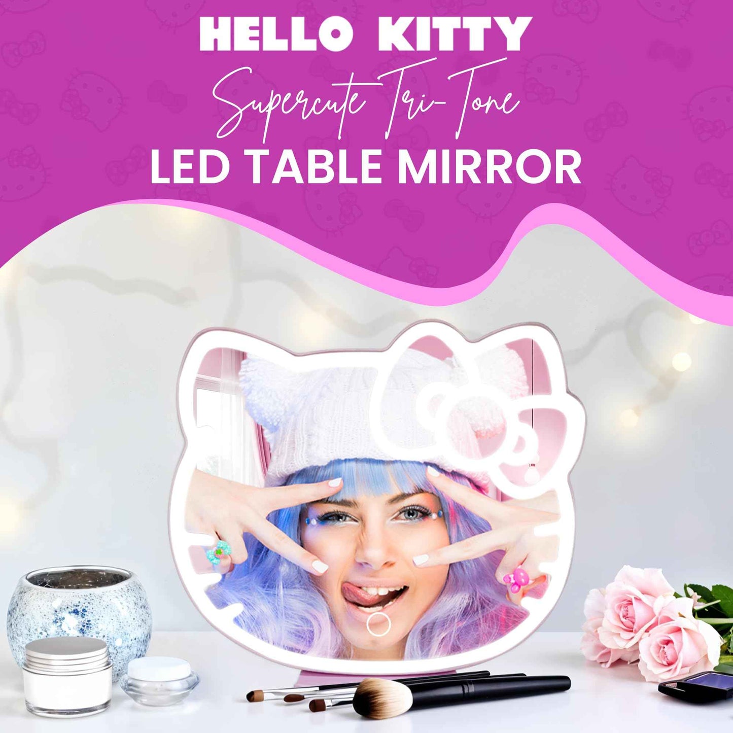 Impressions Vanity Supercute Hello Kitty Tabletop Desk Mirror with Lights and Touch Sensor Switch, Adjustable Tri Tone LED Lighted Makeup Mirror with Hidden Extendable Tray and Phone Holder
