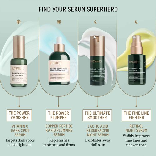 Biossance Squalane + Copper Peptide Rapid Plumping Serum - Face Serum for All Skin Types - Visibly Plumping + Firming Skin, Fine Lines + Wrinkles, Vegan Copper Peptides, Hyaluronic Acid - 1.69oz