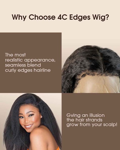 MENTOR 4C Edges Kinky Straight Lace Front Wigs Human Hair Yaki Stairght 13x4 HD Transparent Lace Frontal Kinkystraight Wigs with Curly Edges Hairline Pre-Plucked 180% Density 18 inch