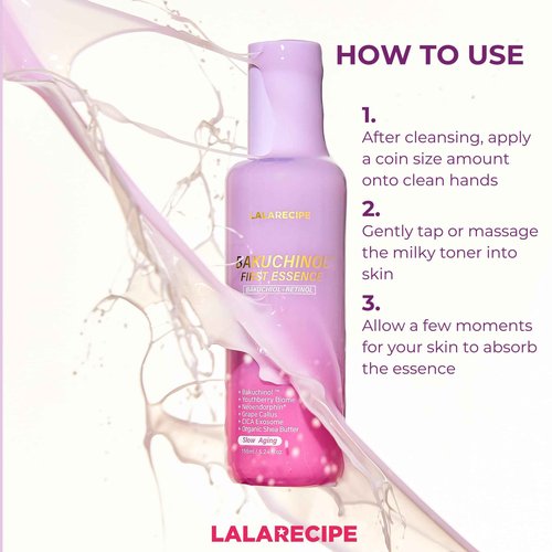 LALARECIPE Bakuchiol First Essence – Hydrating Milky Korean Toner with Retinol Liposome, Shea Butter & Peptides – Vegan Skincare for Wrinkle Care & Elasticity (5.24 fl oz)