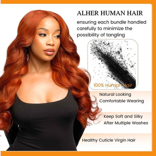 ALHER #350 Ginger Orange Body Wave 13x4 Lace Frontal Human Hair 18 Inch, Copper Orange Colored HD Transparent Lace Frontal Closure Ear to Ear 100% Virgin Remy Human Hair 150% Density