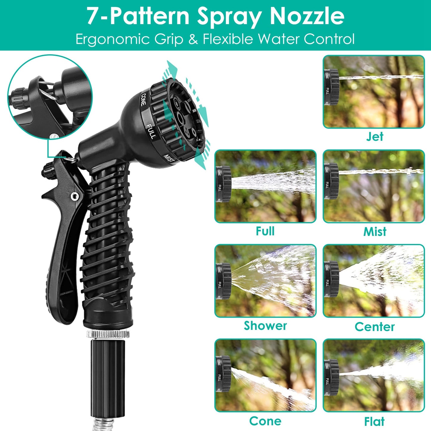 Heavy Duty Stainless Steel Garden Hose with 7-Pattern Nozzle - Flexible & Puncture Resistant