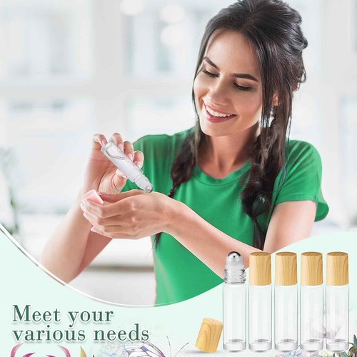 Sumind 150 Pcs Essential Oil Roller Bottles 10 ml Glass Empty Roll on Bottles with Stainless Steel Balls Leak Proof with 5 Funnel for Travel Essential Oil(Clear, Wood)