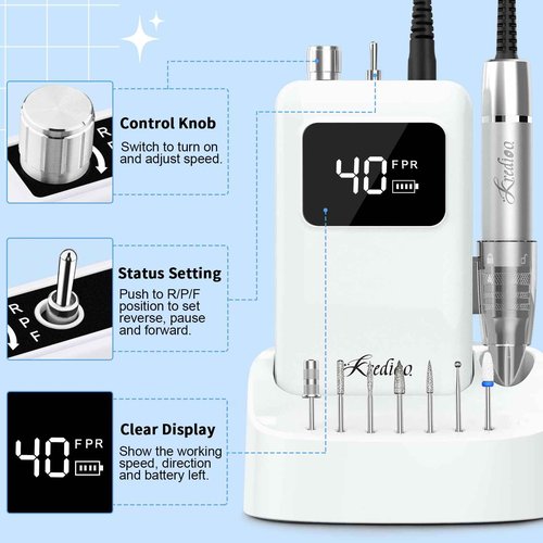 Kredioo Professional Nail Drill Brushless 40,000RPM Rechargeable 2-in-1 Portable Electric Nail File Ultra Silent Salon Must Haves Christmas Nail Tool Kit Removing Acylic Gels