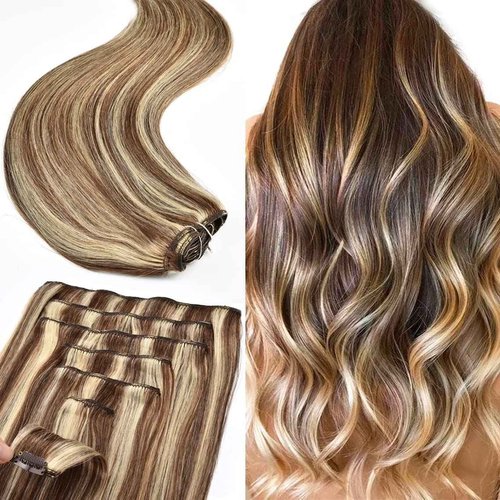 Clip in Hair Extensions Real Human Hair 16inch 120g 7Pcs Real Human Hair Clip in Extensions #P4/613 Medium Brown with Blonde Clips in Human Hair