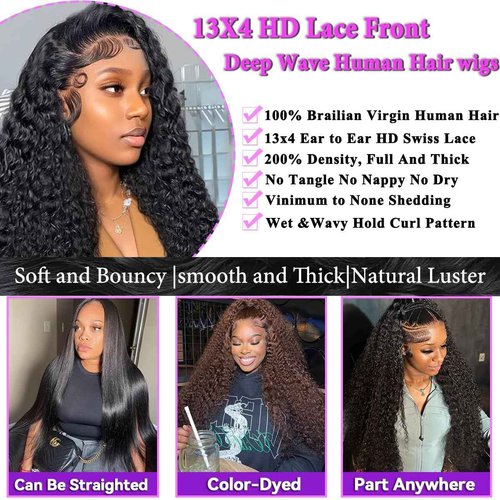 Rozilo Aomllute Deep Wave Lace Front Wigs Human Hair Wigs for Women 200 Density 13x4 HD Deep Curly Lace Front Wig Human Hair Glueless Lace Front Wig Human Hair Pre Plucked 24 Inch