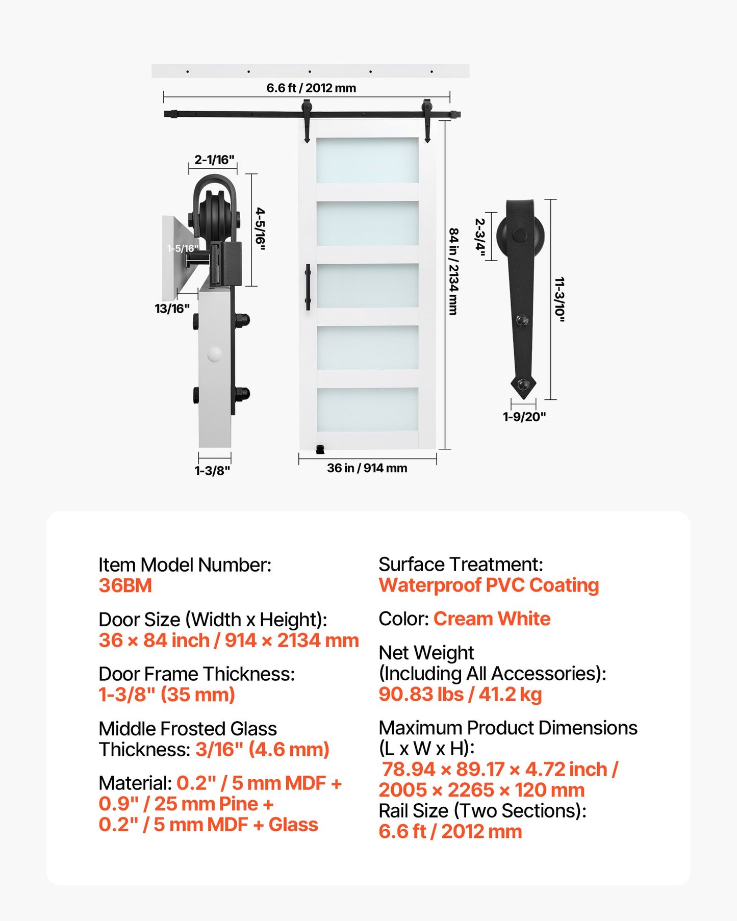 Sliding Barn Door 36x84 Inch with MDF Panel & Glass Water-Proof PVC Coating