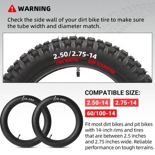 AR-PRO (2-Pack) 2.5/2.75-14” Replacement Dirt Bike Inner Tubes - 60/100-14” Tire Tubes for 50cc to 160cc Dirt and Pit Bikes - Compatible with Apollo RFZ, Atomik, Thumpstar, and More