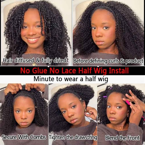 OWNROSE Half Wig Upgread 3 In 1 Kinky Curly Half Wig Human Hair 200 Density Glueless Wigs Human Hair Beginner Friendly Curly Wig Drawstring Seamless Flip Over Clip in Wigs for Women 16 Inch