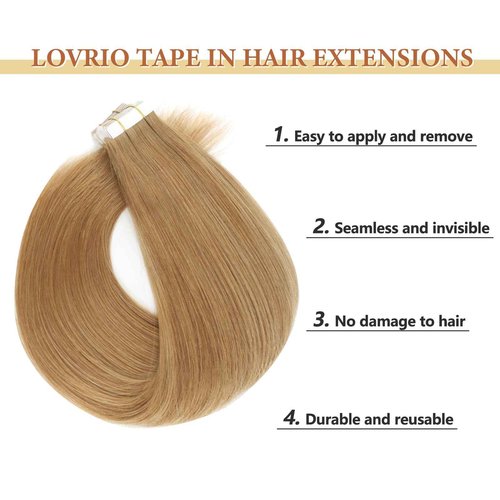 Lovrio Real Human Hair Tape in Hair Extensions, Colored strawberry Blonde #27 Seamless Skin Weft Human Hair 50 Gram 16 Inch 20 Pieces
