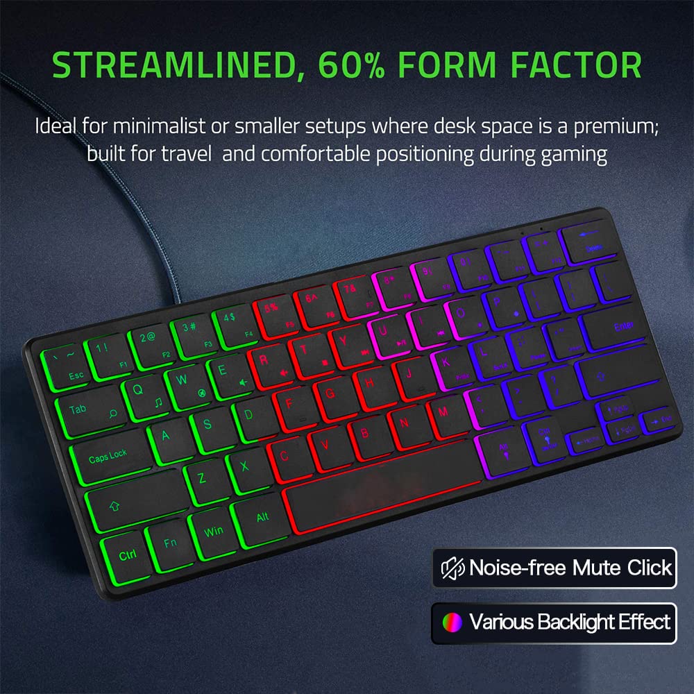 abucow Backlit Mini Keyboard USB Wired Portable Mute Ultra-Compact Small Gaming Keyboard 64 Keys for PC/Mac Gamer Typist Travel Easy to Carry on Business Trip