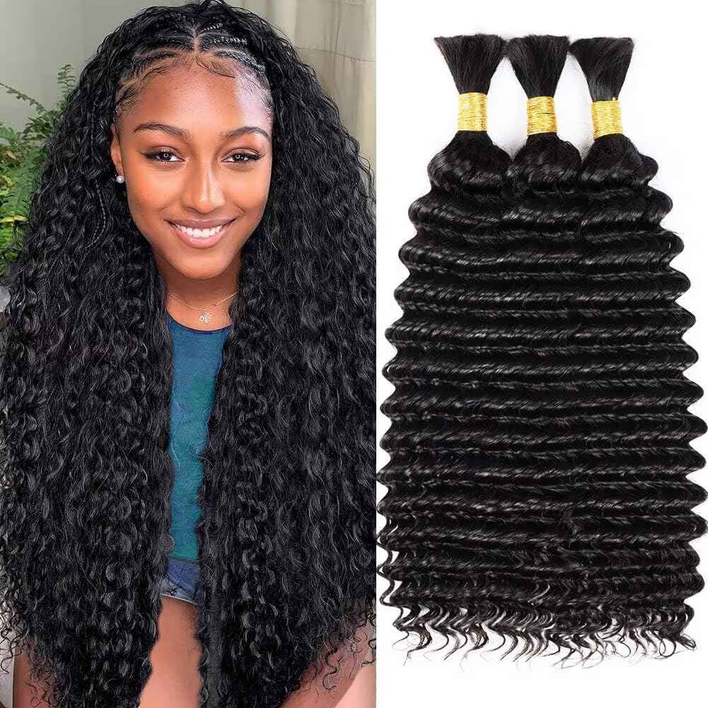 Human Braiding Hair for Boho Braids 150g 18 Inch Natural Black Curly Boho Hair for Braiding Knotless 12A Deep Wave Bulk Bohemian 3 Bundles/Pack Color 1B
