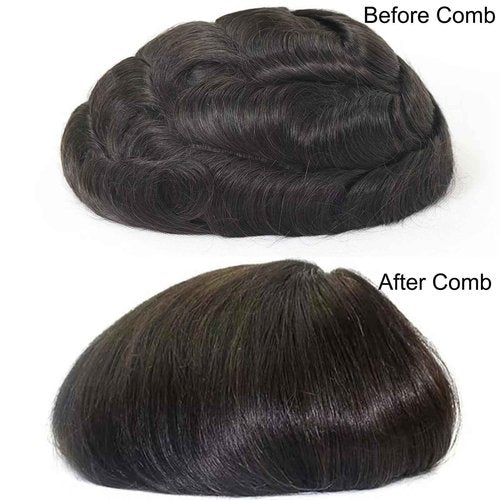 HAPPY&CC Toupee for Man Thin Skin PU Men's Hairpiece European Virgin Human Hair Replacement System Pieces Male Hair Prosthesis Unit for Men #4 Medium Brown with 40% Synthetic Gray 10x8inch