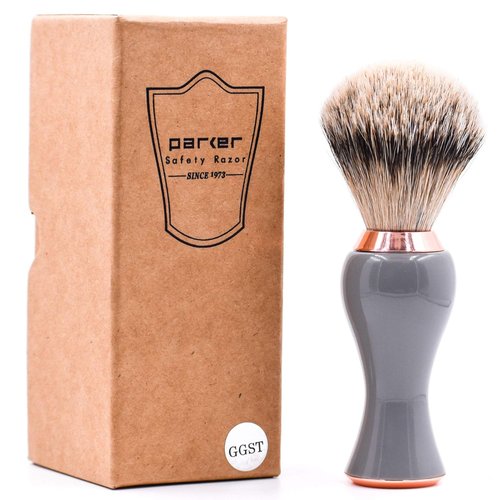 Parker Silvertip Badger Shaving Brush with Stand - Extra Dense and Extra Soft Bristles - Deluxe Gray and Rose Gold Handle - Shaving Brush for Men & Women