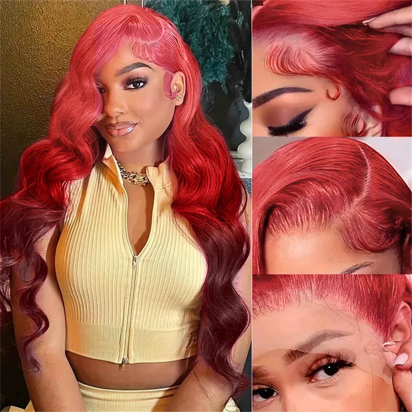 GGEDUO Ombre Rose Pink Lace Front Wigs Human Hair Body Wave Glueless Red and Dark Burgundy Ends Human Hair Wigs for Women Pre Plucked with Baby Hair 3 Tones Gradient Pink Candy Color 24 Inch