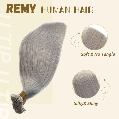 Silver U Tip Human Hair Extensions Remy Hair Extensions Platinum Silver Prebonded Human Hair Extentions 22Inch Keratin U Tip Extensions Per Strand Fusion Human Hair Extensions 50g Utip Stright Hair