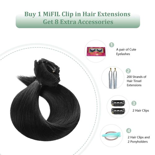 MIFIL Hair Extensions Real Human Hair 16 inch 120g Jet Black Hair Extensions Clip in Human Hair Straight Real Hair Extensions (16inch,7pcs,120g)