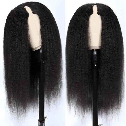 Prtyopp V Part Wig Human Hair Kinky Straight 20 Inch Vpart Human Hair Wig Upgrade U Part Wig Yaki Straight Clip in Half Wigs for Black Women Glueless No Leave Out 180% Density Natural Color