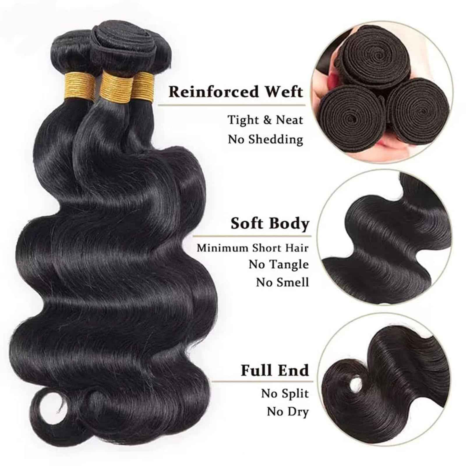 Human Hair Bundles Body Wave 100% Unprocessed Brazilian Virgin Human Hair Quick Weave Body Wave Hair Extensions for Black Women Natural Color 3 Bundles 18 18 18 Inch
