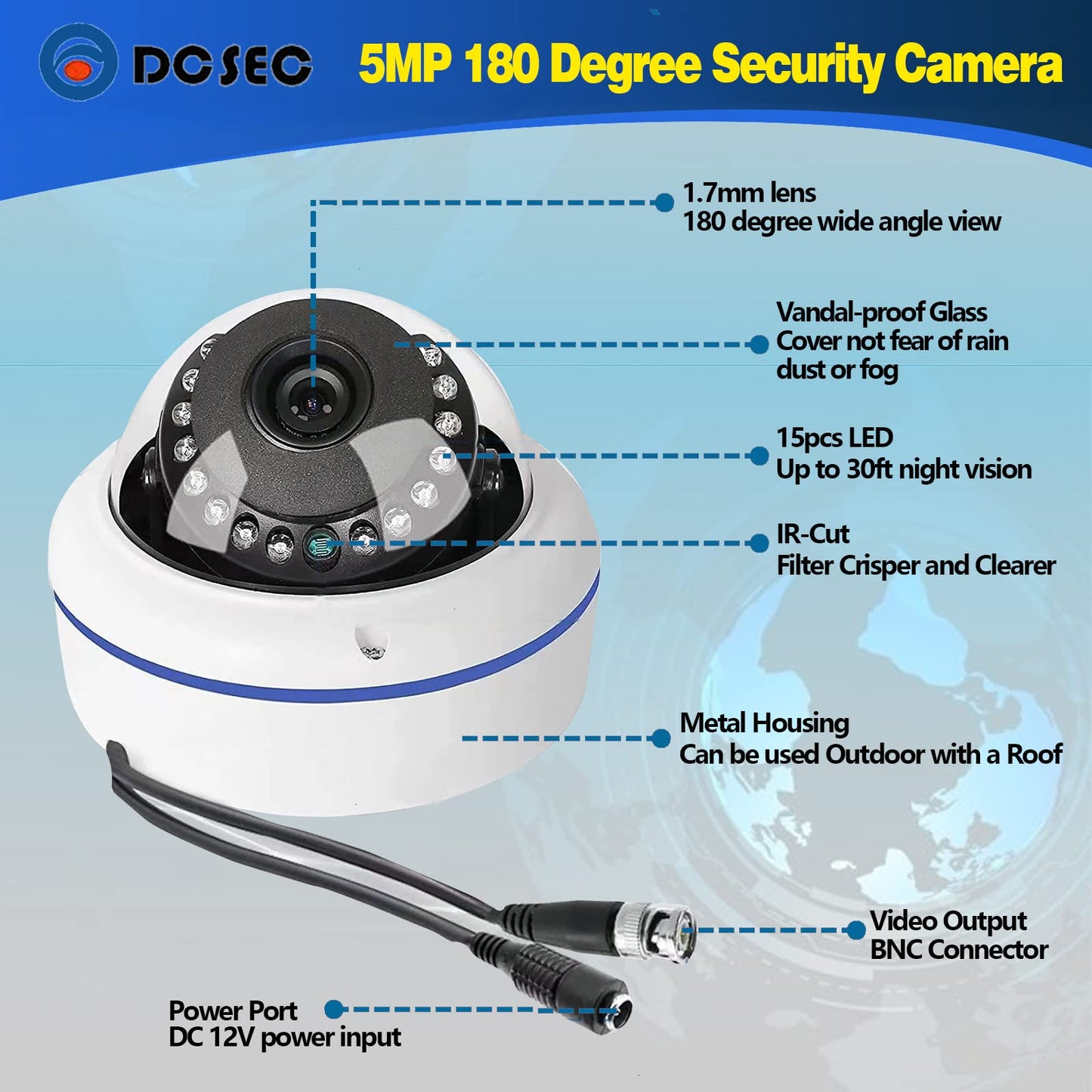 5MP 4MP 180 Degree Wide Angle Dome Security Camera HD-TVI/CVI/AHD/960H Analog 4 in 1 Super Hybrid HD CCTV Surveillance 1.7mm Fisheye Lens Outdoor/Indoor IR Day&Night Vision Home Cam
