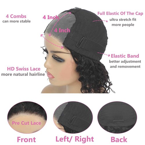 Potoki Glueless Wigs Human Hair Pre Plucked Pre Cut Deep Wave Lace Front Wigs 4x4 Closure Wigs 150% Density Natural Black Color (26 Inch)