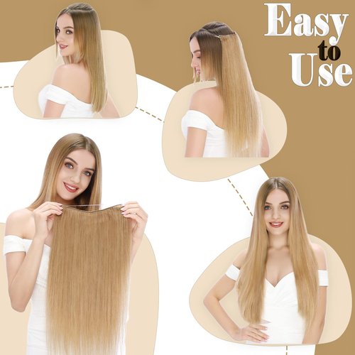 Benehair Human Hair Extensions Thick Ends Invisible Wire Real Human Hair with 2 Fish Lines Thicker Hairpieces 90g Hair Extensions Straight Thicker Hairpieces for Women #6 Light Brown 16 Inch