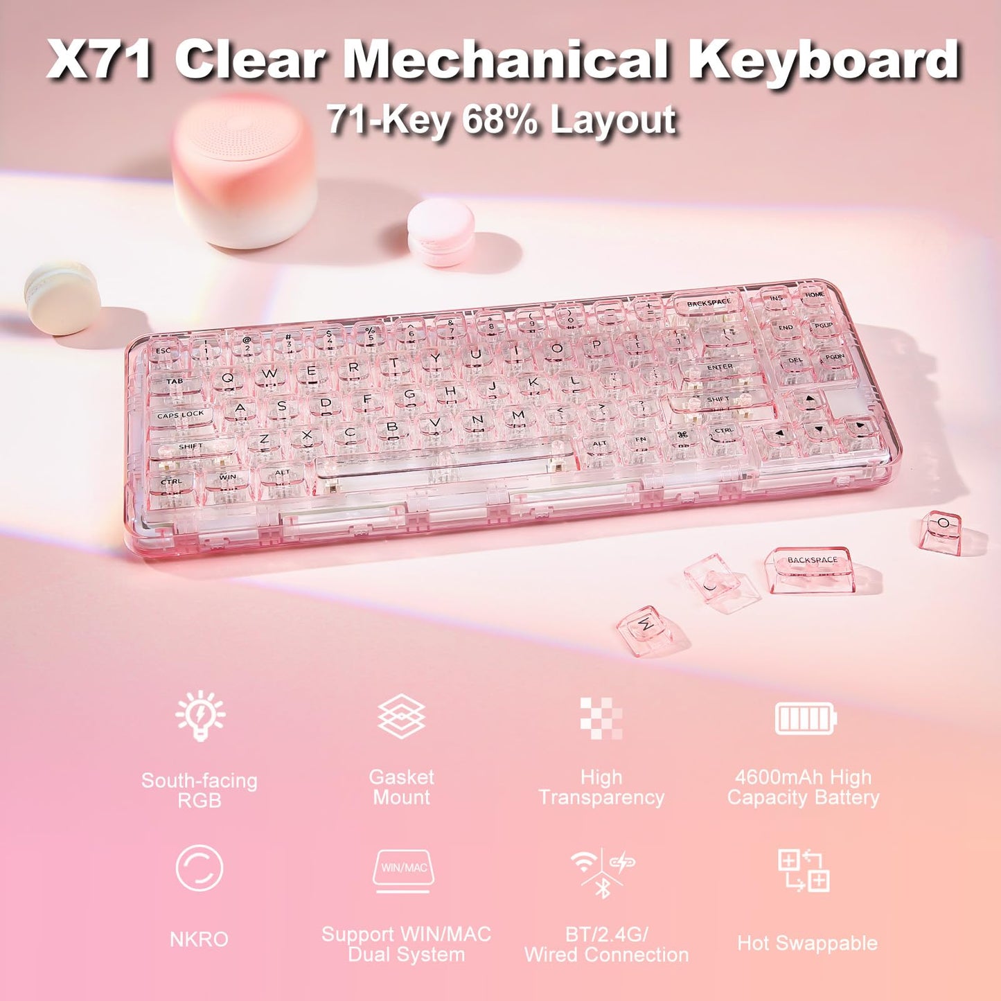 YUNZII X71 Transparent Mechanical Keyboard(Crystal Ice Switch,Pink), YUNZII Spring Tea Dye Sub PBT Keycaps(Cherry Profile, Spring Tea)