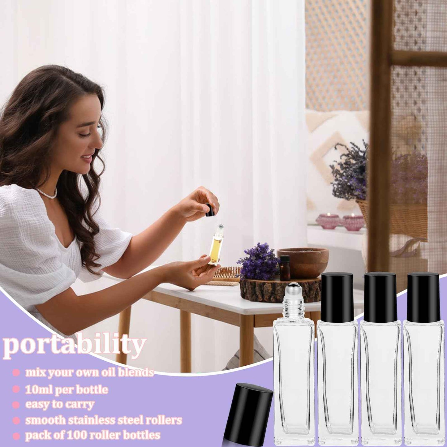 Hzmssore 100 Pcs 10 ml Roller Bottles for Essential Oils, Square Thick Empty Glass Roller Bottles with Stainless Steel Roller Balls Protection Leakproof with 5 Funnel for Travel, Black