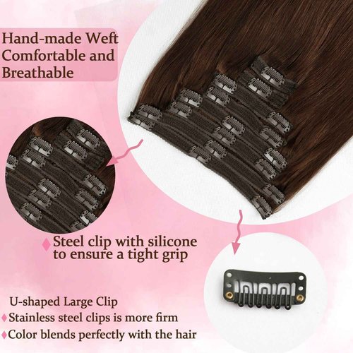 Hair Extensions Real Human Hair Chocolate Brown Remy Human Hair Extensions Clip in Natural Hair Extensions Straight Real Hair Extensions 120g 8pcs (18 inch, #4)