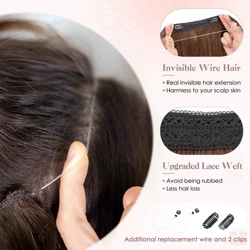 S-noilite Halo Hair Extension Invisible Wire in Real Remy Human Hair Extensions with Clips Adjustable Hidden Wire in Hair Extension for Women 20 inch Medium Brown