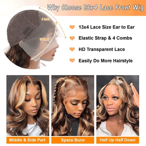Naliandra 26 Inch Honey Blonde Lace Front Wig Human Hair Pre Plucked Ombre 13x4 Body Wave Lace Front Wigs Human Hair 4/27 Highlight 180 Density HD Lace Frontal Wigs