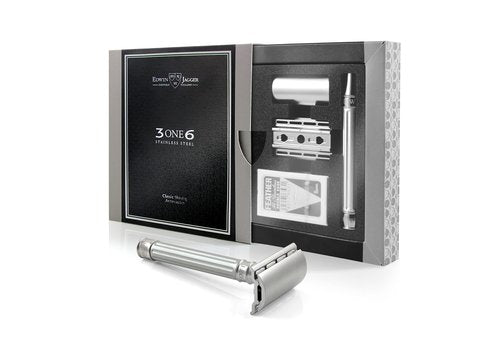 Edwin Jagger 3ONE6 DE Stainless Steel Safety Razor, Grooved, 1x Pack of DE Razor Blades (Anodized Silver)