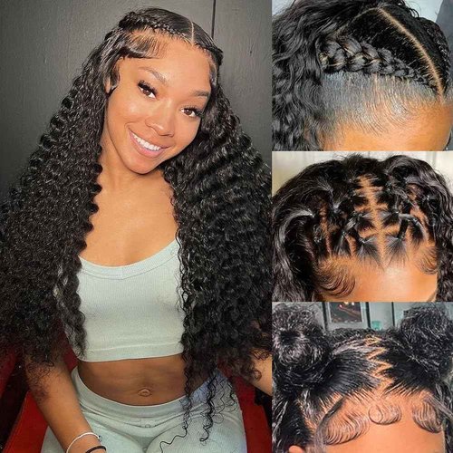 Newshion 13x6 Water Wave Lace Front Wigs Human Hair 15A Raw Deep Curly Human Hair Wig,Free Part Swiss hd Transparent Wet and Wavy Lace Frontal Wigs for Women Natural Black 20 Inch