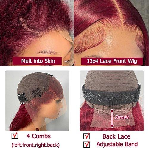 Midulla 99J Burgundy 13x4 HD Body Wave Lace Front Wigs Human Hair 28 Inch Transparent Lace Front Wig 200% Density Glueless Wine Red Colored Body Wave Frontal Wigs Pre Plucked with Baby Hair