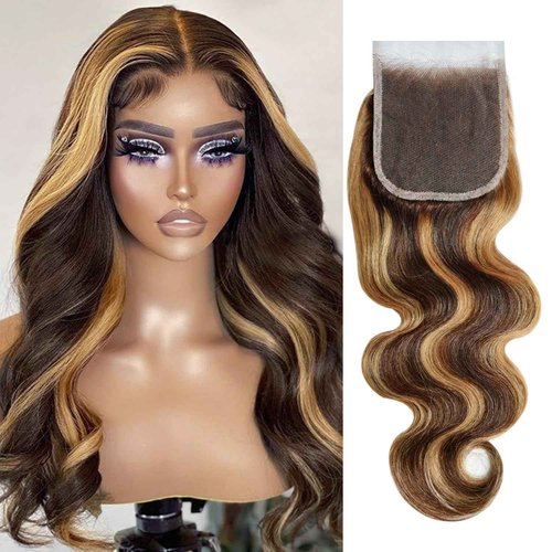 P4/27 Brown Highlight Body Wave Human Hair 3 Bundle with 4x4 Lace Closure,12A Grade Brazilian Remy Hair Ombre Bundles with Free Part 12 14 16+12inch