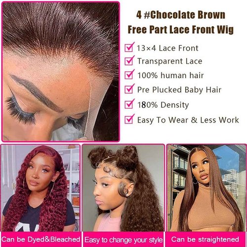 Chocolate Brown Deep Wave Lace Front Wigs Human Hair 13x4 HD Transparent Lace Frontal Wigs Human Hair Pre Plucked with Baby Hair Brazilian Virgin Wet and Wavy Wigs for Women 180% Density (24 Inch)