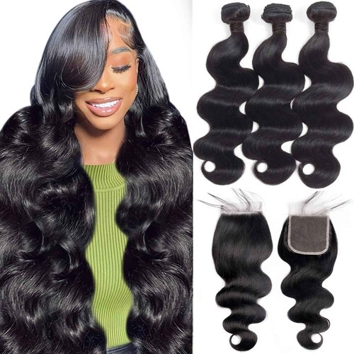 Body Wave Bundles With Closure Human Hair 20 22 24+18 Inch Human Hair Bundles With Closure Brazilian Virgin Body Wave 3 Bundle With 4x4 HD Lace Closure Free part