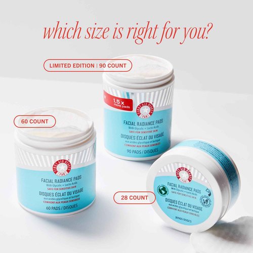 First Aid Beauty - Facial Radiance Pads with Glycolic & Lactic Acids, Daily Exfoliating Pads with AHA, Visibly Smaller Pores, Help Tone & Brighten Skin, One-Step Makeup Prep, Compostable, 60, 2ct