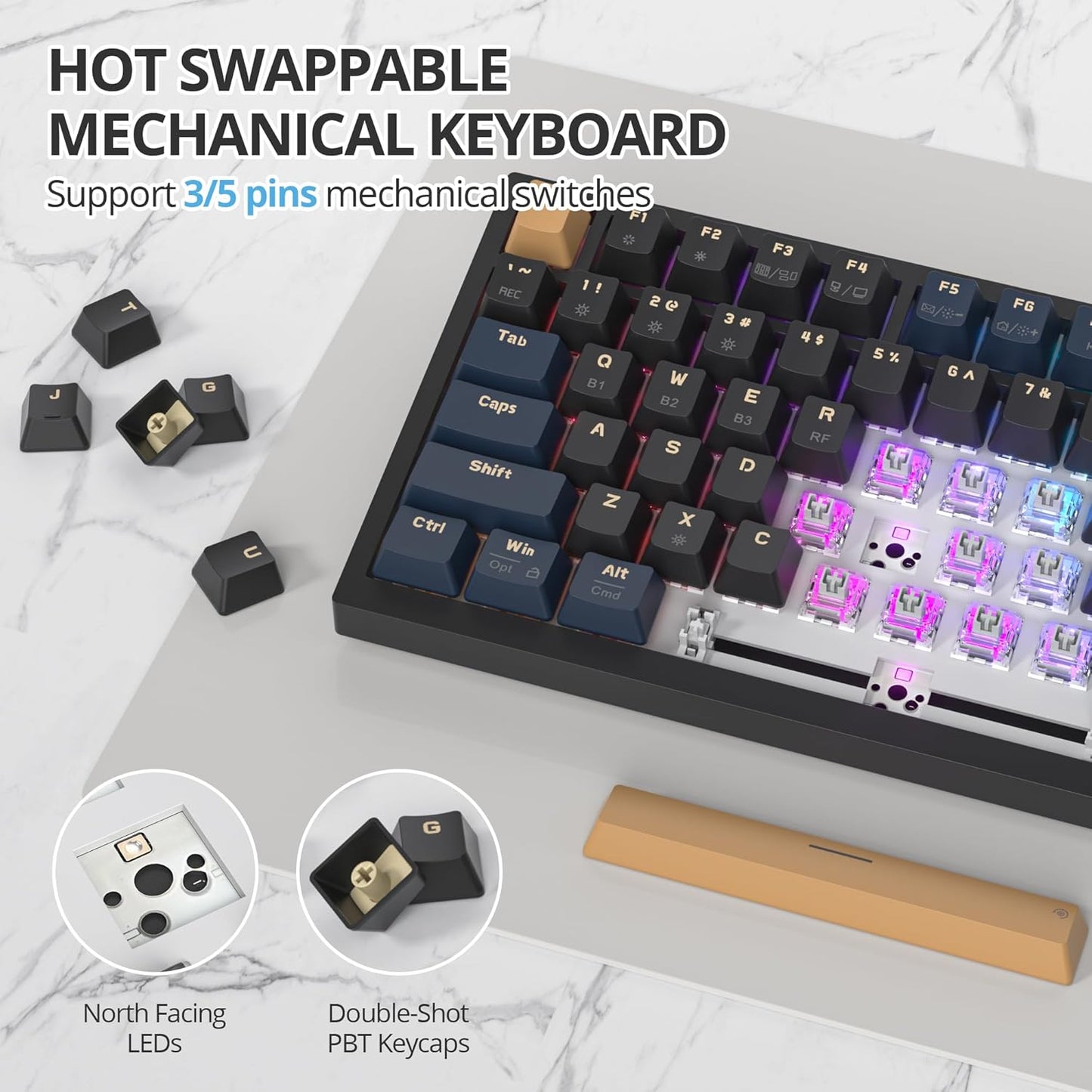 400PRO 75% Wireless Black Blue Gaming Keyboard, Gasket Hot Swappable RGB Mechanical Keyboard, Bluetooth/2.4GHz/USB-C Thocky Keyboard with Pre-lubed Cream Grey Switches (82 Black Blue-B)