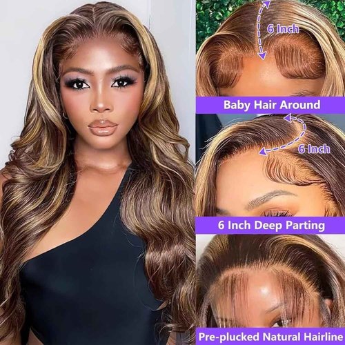 Durgio 30 Inch Honey Blonde Ombre Highlight 13x6 Lace Front Wigs Human Hair 180% Density HD Transparent Pre Plucked Body Wave Lace Front Wigs Glueless #4/27 Colored Human Hair Wig for Women